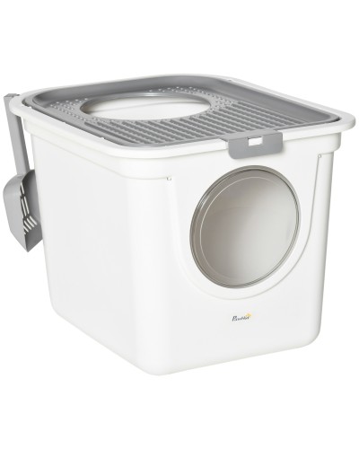  Lettiera per Gatti Chiusa a 2 Ingressi con Vassoio e Paletta, in Plastica PE, 44x55x39 cm, Bianco