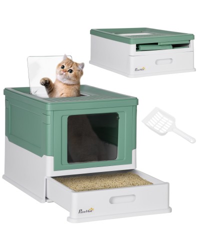 Enclosed Cat Litter Box with Scoop, Pull-Out Tray, and 2 Doors, 47.5x35.5x36.7cm, Green
