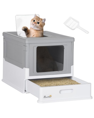 2-Door PP Covered Cat Litter Box with Scoop and Pull-Out Tray, 47.5x35.5x36.7 cm