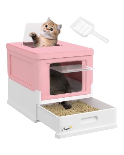 Two-Door PP Cat Litter Box with Scoop and Pull-Out Tray, 47.5x35.5x36.7 cm, Pink and White