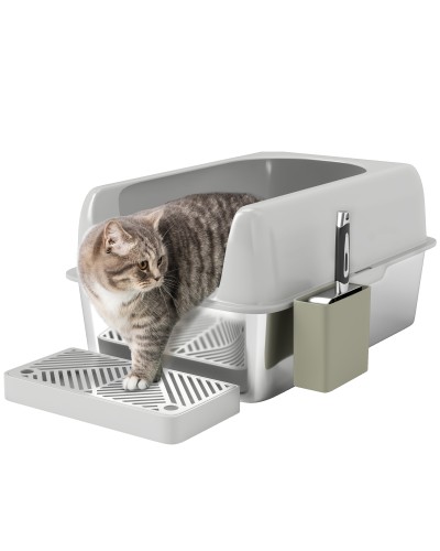 Stainless Steel & ABS Cat Litter Box with Step, Scoop & Storage Box, 60.2x40.6x29 cm, Light Gray