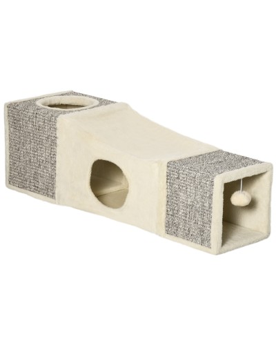  Tunnel per Gatti Pieghevole con Casette, Tiragraffi e Pallina in Peluche e Sisal, Crema