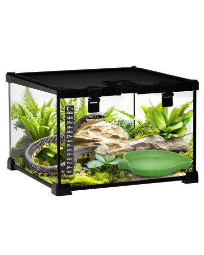Elevated Reptile Terrarium with Lock and Thermometer, Glass and Mesh, 30x30x20 cm, Black