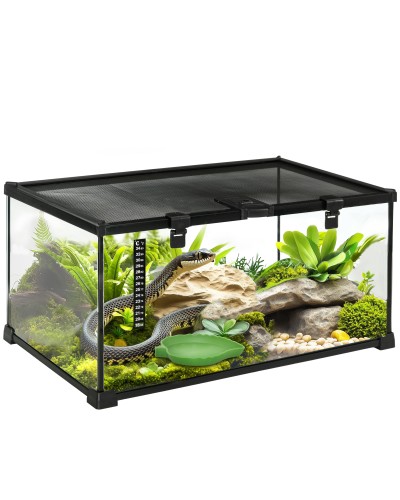 Elevated Reptile Terrarium with Lock & Thermometer, Glass & Mesh, 50x30x25cm, Black