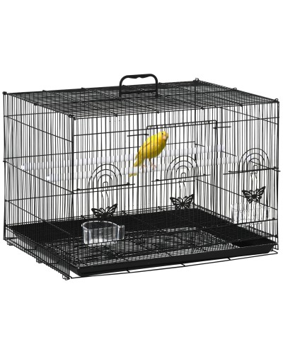 Bird Cage with 2 Perches and 3 Doors in Wire and Plastic, 60x41x41 cm, Black