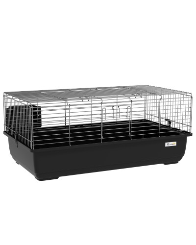  Gabbia per Conigli a 2 Porte con Vassoio Rimovibile, in Metallo e Plastica PP, 100x55x41 cm, Nero e Argento