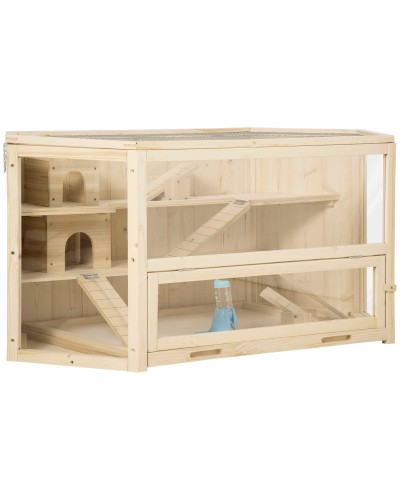 3-Tier Wooden Hamster House with Openable Roof and Transparent Wall, 115x60x55cm
