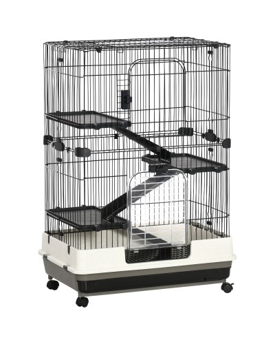  Gabbia a 3 Piani in Metallo con Vassoio per Roditori, Conigli e Furetti con 4 Ruote, 81.2x52.7x114cm, Nera