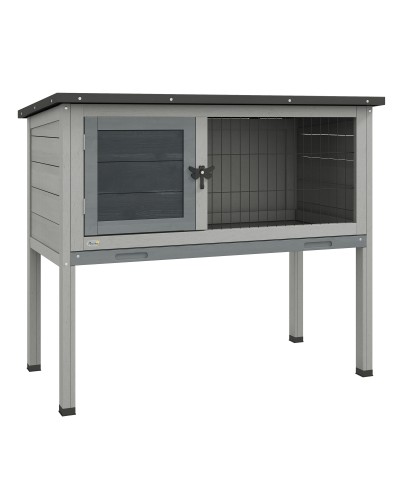  Conigliera Rialzata in Legno da Esterni con Tetto Apribile e Vassoio Estraibile, 84x43x70cm, Grigio