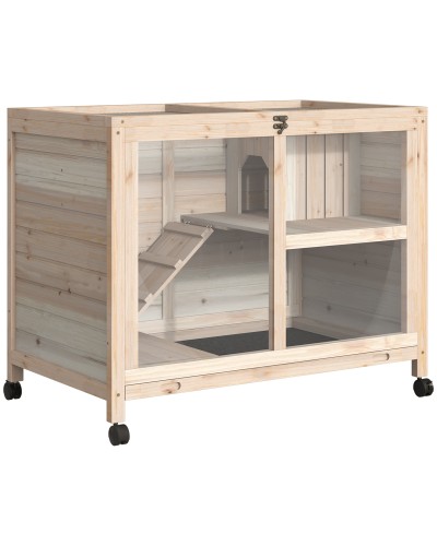 2-Tier Wooden Rabbit Hutch with House, Ramp, and Pull-Out Tray, 91.5x53.3x73cm