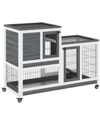 Wooden Rabbit Hutch with Wheels, Pull-Out Trays, and Ramp House, 110x50x88 cm, Grey and White