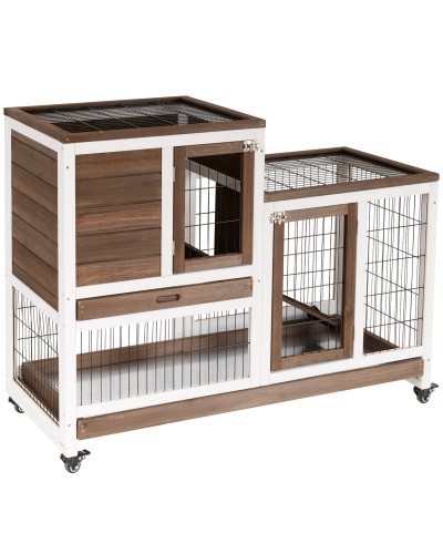 Wooden Rabbit Hutch with Wheels, Removable Trays and House, 110x50x86cm, Brown and White