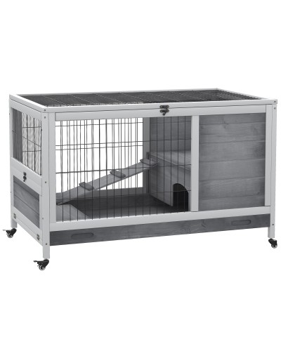 Wooden Rabbit Hutch with 4 Wheels, Rabbit House and Ramp, 90x53x59cm, Grey