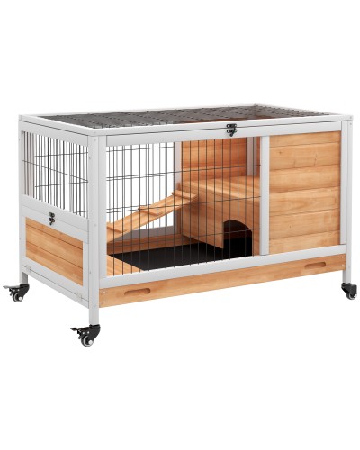 Wooden Rabbit Hutch with 4 Wheels, Rabbit House and Ramp, 90x53x59cm, Yellow