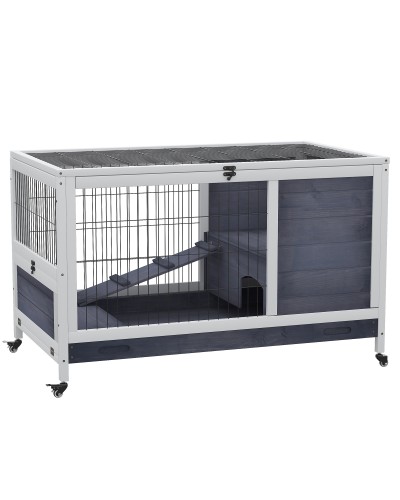 Rabbit and Guinea Pig Hutch with 4 Wheels, House, Ramp, and Removable Tray, Natural Wood, Grey