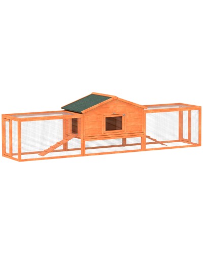  Conigliera da Esterno con Casetta, Rampe e 2 Recinti in Legno, 309x69.5x87cm, Arancione