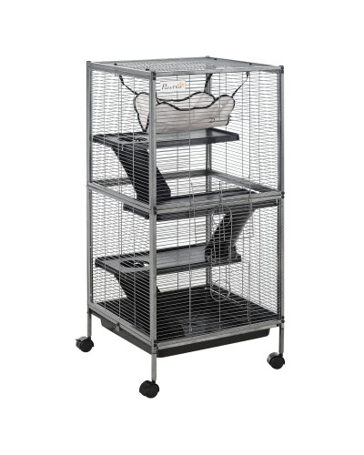  Gabbia in Acciaio per Roditori, Criceti e Cincillà con 3 Piani, 4 Ruote, Amaca e Vassoio Rimovibile 52 x 52 x 113.5cm