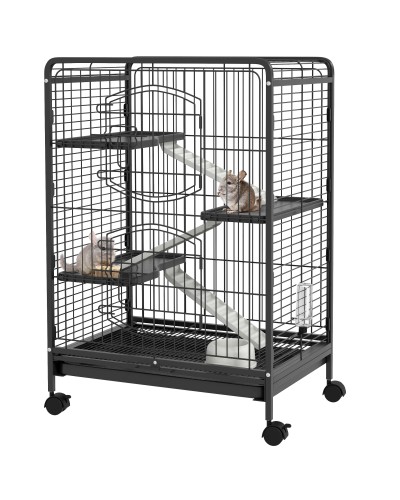 Small Animal and Small Rodent Cage with Wheels, Rabbit and Chinchilla Hutch with 3 Ramps and 3 Platforms, Bowl