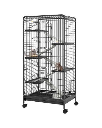 Small Animal Cage with Wheels, 5 Ramps & 5 Platforms, Bowl & Bottle, 61.5x44x131 cm, Black