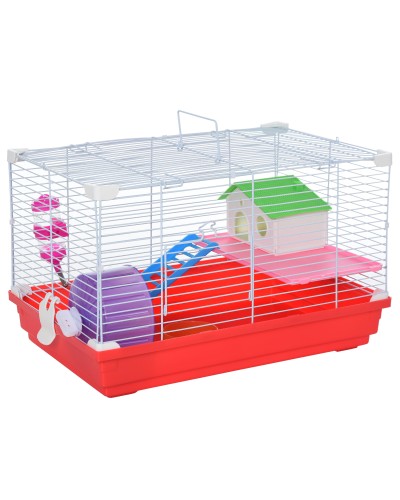  Gabbia per Criceti a 2 Livelli in Metallo e PP con Casetta, Serbatoio dell'acqua e Ruota, 47x30x27 cm