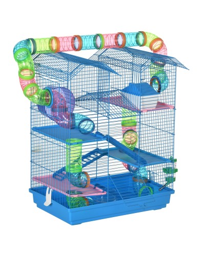 5-Tier Hamster and Small Rodent Cage with Colorful Tubes, Wheel, House, and Accessories Included, Blue, 47x30x59cm