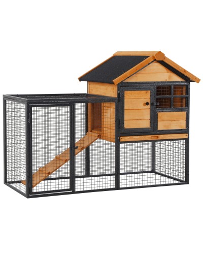  Gabbia per Conigli con Casetta, Rampa e Area Aperta, Conigliera in Legno e Metallo Giallo Chiaro, 122x63x92cm