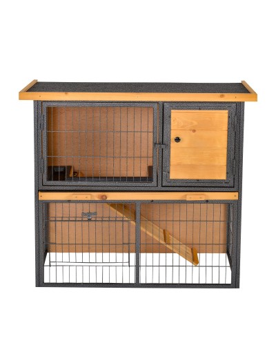  Gabbia per Conigli con Rampa e Area Aperta, Conigliera in Legno e Metallo su 2 Livelli, Giallo Chiaro, 89.5x45x81cm