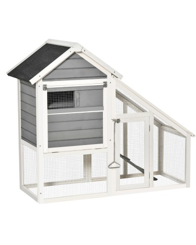  Conigliera in Legno con Area Aperta e Rampa, Gabbia per Conigli con Fondo Estraibile e Porte, 140x65x120 cm, Grigia