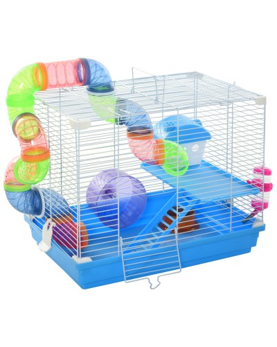  Gabbia per Criceti a 2 Livelli con Serbatoio per Acqua, Vassoio, Tubo e Ruota per Criceti, 46x30x37 cm