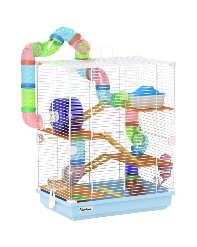 5-Level Hamster Cage with Tubes, Wheel, Ladders, House, and Bottle, Metal, PP, and PS, 46x30x58 cm