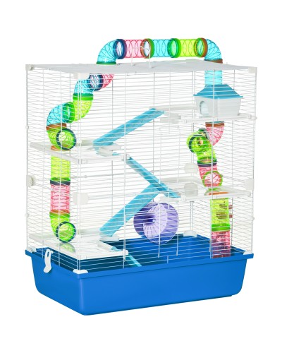 5-Level Hamster Cage with Tubes, House, Feeder, and Wheel, Steel, PP & PS, 59x36x69 cm, Blue & White