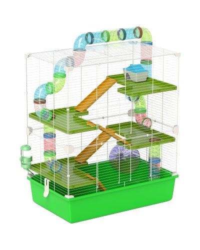 5-Level Hamster Cage with Tubes, House, Feeder and Wheel, Steel, PP & PS, 59x36x69 cm, Green and White