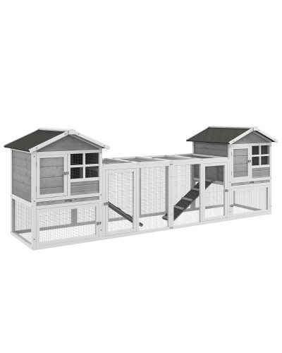 Outdoor Wooden Rabbit Hutch with 2 Houses and Open Run Enclosure with Doors and Ramps, 259x64x92 cm, Grey