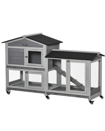  Conigliera a 2 Livelli con Rete Protettiva e Rotelle in Legno e Metallo, 157.4x53x99.5 cm, Grigio