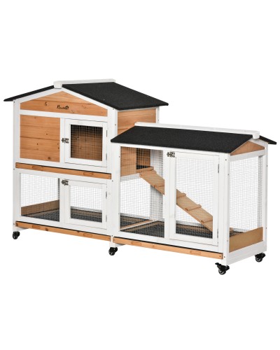 2-Tier Rabbit Hutch with Protective Mesh, Wood, Metal & Bitumen, 157.4x53x99.5 cm, Yellow White & Black