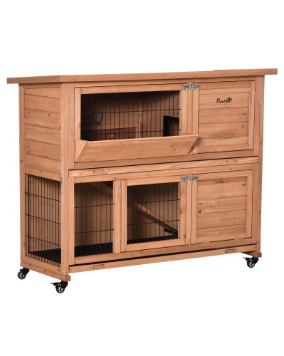  Conigliera in Legno a 2 Livelli con Ruote, Vassoio Estraibile e Rampa, 122x50x101cm