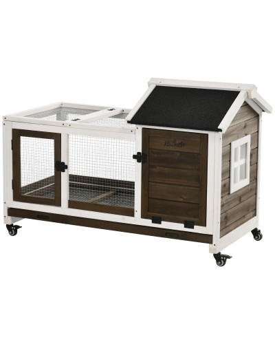 Indoor & Outdoor Wooden Rabbit Hutch with Wheels, House, Opening Roof, and Tray, Brown