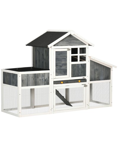  Pollaio Prefabbricato in Legno con Area Aperta, Casetta e Nido, 161.5x62.5x115cm, Grigio