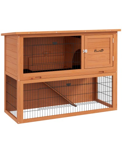 2-Tier Outdoor Wooden Rabbit Hutch with Removable Tray for 1-2 Rabbits, Orange