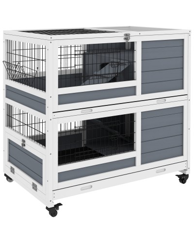 2-Tier Indoor Wooden Rabbit Hutch with Wheels, Pull-Out Trays and Ramps, Grey