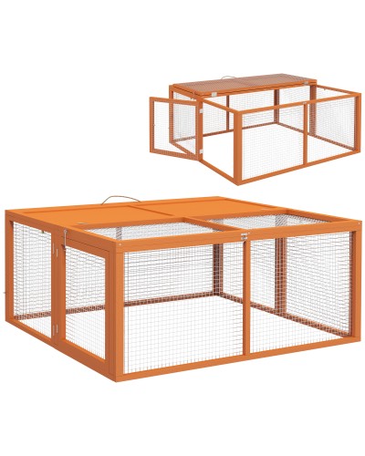 Foldable Outdoor Rabbit Hutch for 2-3 Rodents with Multiple Entrances, Wood and Steel, 110x105x50 cm, Orange