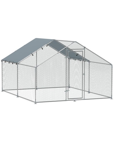  Recinto per Galline da 10.2m² per 10-15 Galline con Tetto Impermeabile, in Acciaio e Tessuto, 3x3.4x1.9 m, Argento