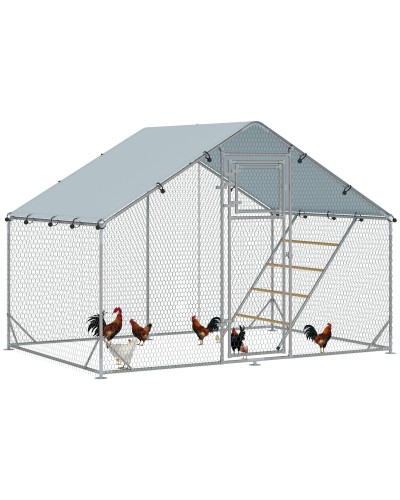  Recinto per Galline da 6m² per 6-8 Animali con Tetto Impermeabile, Mangiatoia e Posatoio, 3x2x1.9m, Argento