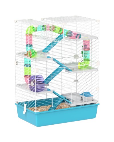 6-Level Hamster Cage with Tunnel, Wheel, Ramps, House, Bottle, and Bowl, Blue
