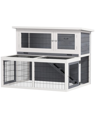 2-Tier Rabbit Hutch with Pull-Out Tray in Fir Wood and Steel, 122x95x93.5 cm, Multicolor