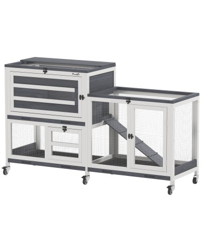  Conigliera a 2 Livelli con Rampa e 3 Vassoi, in Legno di Abete e Acciaio, 147x45x89.5 cm, Grigio e Bianco