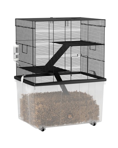 3-Tier Hamster Cage with Wheels, 2 Platforms, Ramps, Bowl & Bottle, 58x43x74 cm, Black