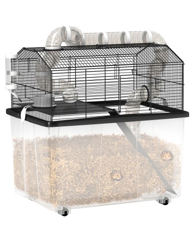  Gabbia per Criceti a 2 Piani con Ruote, Tubi, Ciotola, Bottiglia e Rampa, 58x43x57 cm, Nero