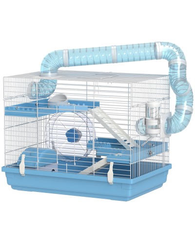 3-Tier Hamster Cage with House, Wheel, Food Bowl, Water Bottle and Tubes, Blue