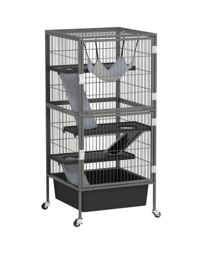  Gabbia per Piccoli Animali a 4 Livelli con Rampe, Piattaforme, Amaca e Ruote, 52x52x115 cm, Grigio
